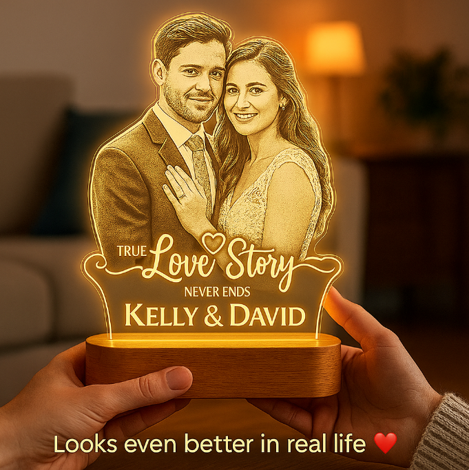 “A Love Story in Light” Engraved Couple Photo Frame Lamp