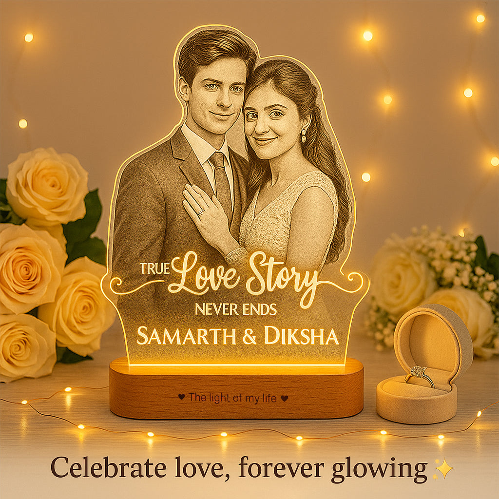 “A Love Story in Light” Engraved Couple Photo Frame Lamp