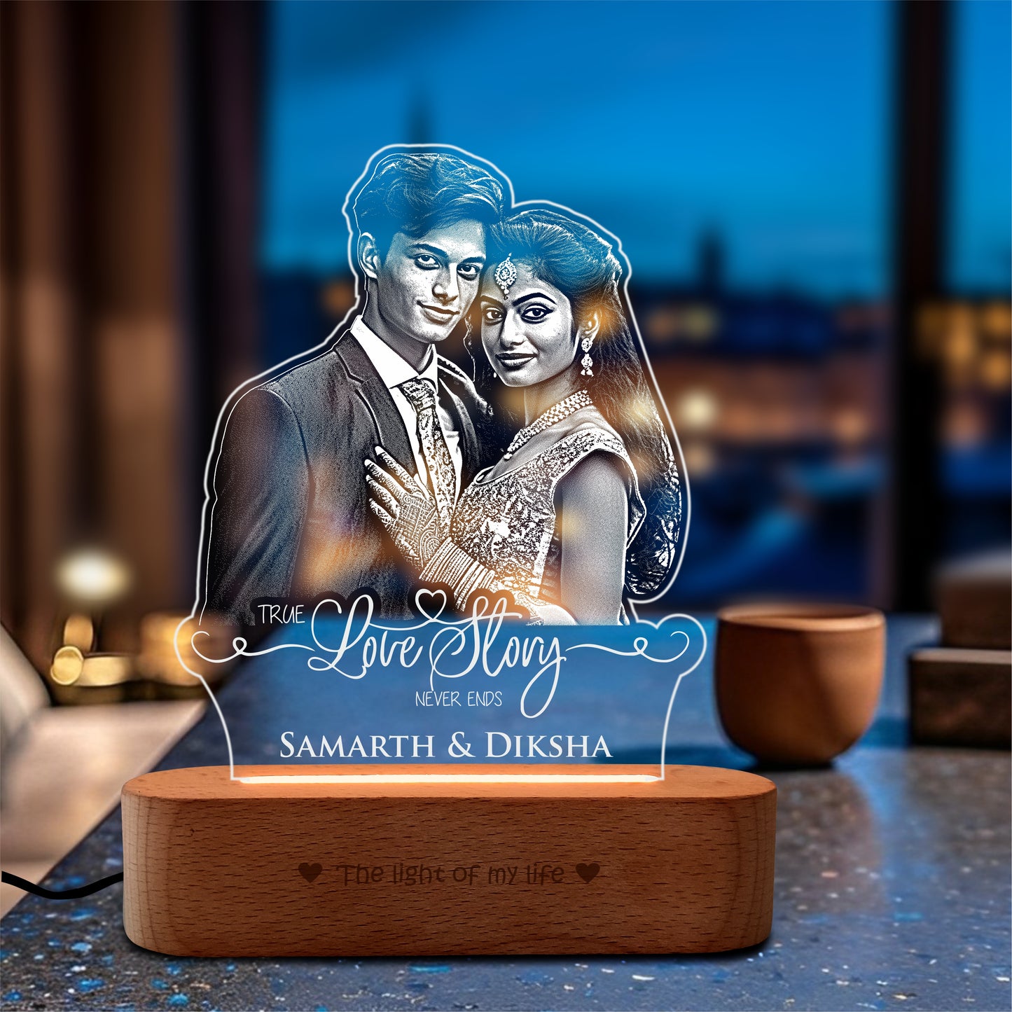 “A Love Story in Light” Engraved Couple Photo Frame Lamp