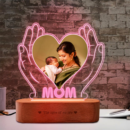 Personalized Gift for Working Mom – Custom Photo Engraved LED Lamp with Heart & Hands Design